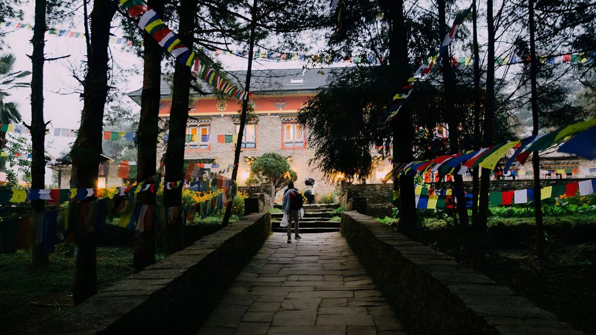 Colourful flags lining the patch up to the Happy house in Nepal